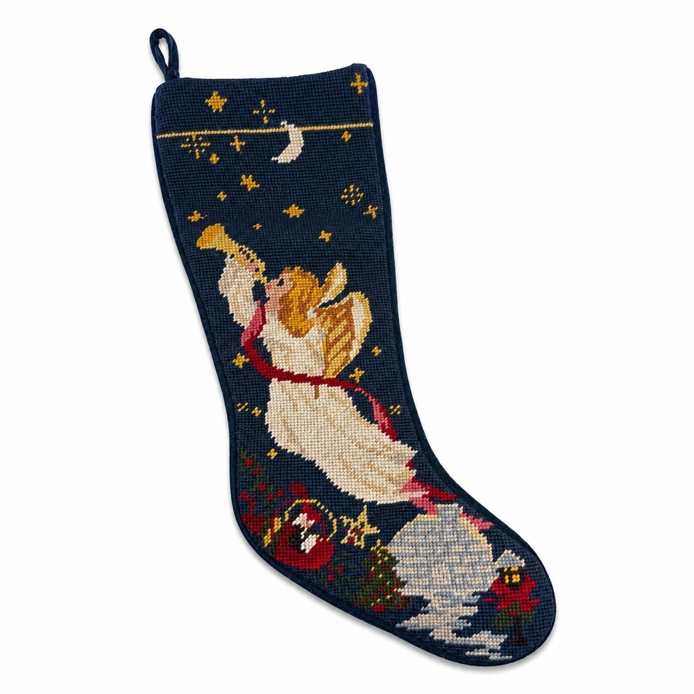 Vintage Needlepoint Wool Christmas Angel Stocking Celestial Elegance Velvet Back